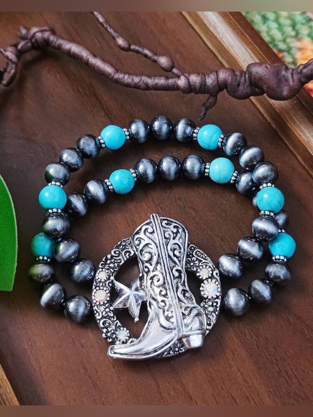 Western Turquoise & Gunmetal Western Boot Wrap Bracelet - Women Jewelry